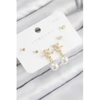 Pirinç Zirkon Taşlı İnci Sallantılı Çiçek Model Gümüş Renk 925 Ayar Gümüş Çivi Kadın Küpe Set