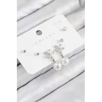 Pirinç Zirkon Taşlı İnci Sallantılı Çiçek Model Gümüş Renk 925 Ayar Gümüş Çivi Kadın Küpe Set