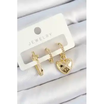 Pirinç Zirkon Taşlı Kalp Model Gold Renk 3lü Çift Kadın Küpe Set