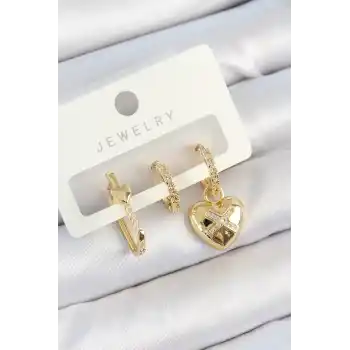 Pirinç Zirkon Taşlı Kalp Model Gold Renk 3lü Çift Kadın Küpe Set