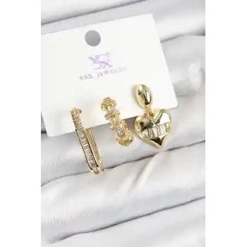 Pirinç Zİrkon Taşlı Kalp Model Gold Renk 3lü Kadın Küpe