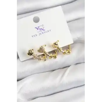 Pirinç Zİrkon Taşlı Kalp Model Gold Renk 3lü Kadın Küpe