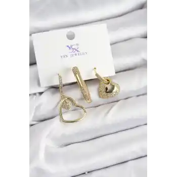 Pirinç Zİrkon Taşlı Kalp Model Gold Renk 3lü Kadın Küpe