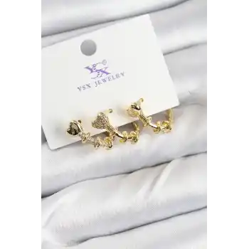 Pirinç Zİrkon Taşlı Kalp Model Gold Renk 3lü Kadın Küpe