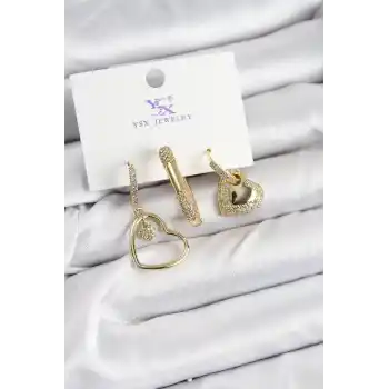 Pirinç Zİrkon Taşlı Kalp Model Gold Renk 3lü Kadın Küpe