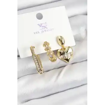 Pirinç Zİrkon Taşlı Kalp Model Gold Renk 3lü Kadın Küpe