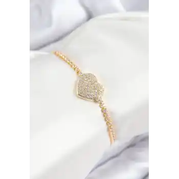 Pirinç Zirkon Taşlı Kalp Model Gold Renk Asansörlü Kadın Bileklik