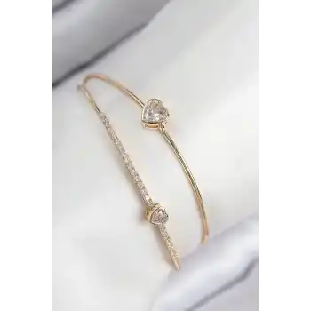 Pirinç Zirkon Taşlı Kalp Model Gold Renk Kadın Bileklik