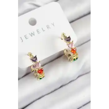 Pirinç Zirkon Taşlı Kalp Model Gold Renk Kadın Küpe