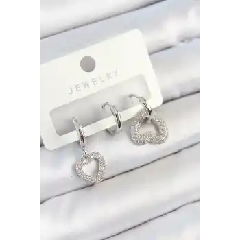 Pirinç Zirkon Taşlı Kalp Model Gümüş Renk 3lü Çift Kadın Küpe Set