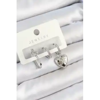 Pirinç Zirkon Taşlı Kalp Model Gümüş Renk 3lü Çift Kadın Küpe Set