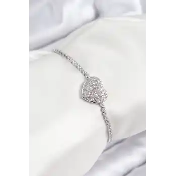 Pirinç Zirkon Taşlı Kalp Model Gümüş Renk Asansörlü Kadın Bileklik