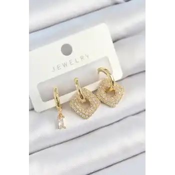 Pirinç Zirkon Taşlı Kare Model Gold Renk 3lü Çift Kadın Küpe Set