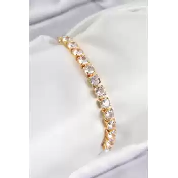 Pirinç Zirkon Taşlı Kare Model Gold Renk Asansörlü Kadın Bileklik