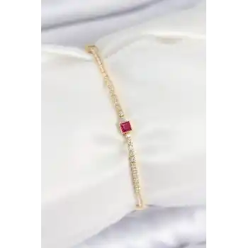 Pirinç Zirkon Taşlı Kare Model Gold Renk Kadın Bilekilk