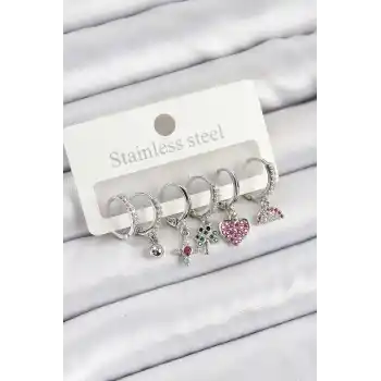 Pirinç Zirkon Taşlı Karpuz Yonca Kalp Pusula Karışık Model Gümüş Renk 6lı Set Kadın Küpe
