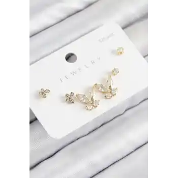 Pirinç Zirkon Taşlı Kelebek Model Gold Renk 925 Ayar Gümüş Çivi Kadın Küpe Set