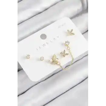 Pirinç Zirkon Taşlı Kelebek Model Gold Renk 925 Ayar Gümüş Çivi Kadın Küpe Set