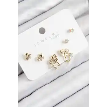 Pirinç Zirkon Taşlı Kelebek Model Gold Renk 925 Ayar Gümüş Çivi Kadın Küpe Set