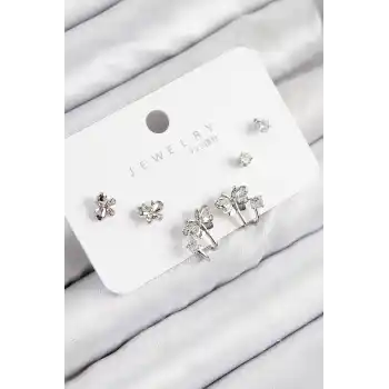 Pirinç Zirkon Taşlı Kelebek Model Gümüş Renk 925 Ayar Gümüş Çivi Kadın Küpe Set