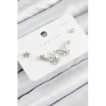 Pirinç Zirkon Taşlı Kelebek Model Gümüş Renk 925 Ayar Gümüş Çivi Kadın Küpe Set
