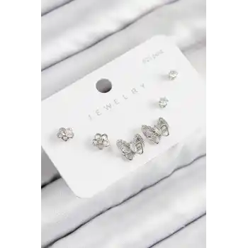 Pirinç Zirkon Taşlı Kelebek Model Gümüş Renk 925 Ayar Gümüş Çivi Kadın Küpe Set