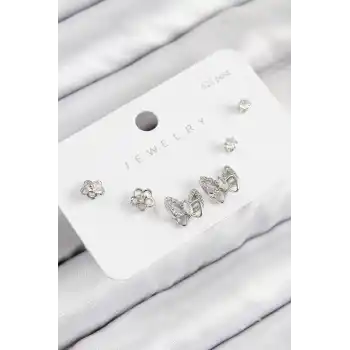 Pirinç Zirkon Taşlı Kelebek Model Gümüş Renk 925 Ayar Gümüş Çivi Kadın Küpe Set