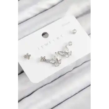 Pirinç Zirkon Taşlı Kelebek Model Gümüş Renk 925 Ayar Gümüş Çivi Kadın Küpe Set