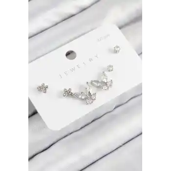 Pirinç Zirkon Taşlı Kelebek Model Gümüş Renk 925 Ayar Gümüş Çivi Kadın Küpe Set