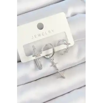 Pirinç Zirkon Taşlı Kelebek Ve Sallantılı Yıldız Model Gümüş Renk 3lü Çift Kadın Küpe Set