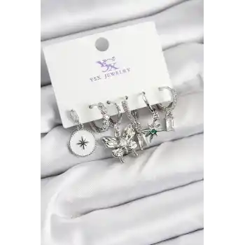 Pirinç Zİrkon Taşlı Kelebek ve Yıldız Model Gümüş Renk 3lü Çift Kadın Küpe