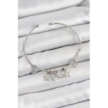 Pirinç Zirkon Taşlı Kelebek Ve Yıldız Model Gümüş Renk Charm Bileklik