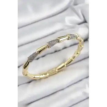 Pirinç Zirkon Taşlı Kemik Model Gold Renk Vip Kadın Bileklik