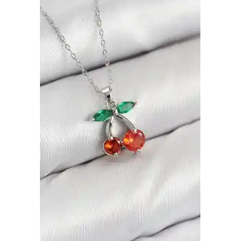 Pirinç Zirkon Taşlı Kiraz Model Gümüş Renk Kadın Kolye