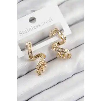 Pirinç Zirkon Taşlı Kıvrımlı Model Gold Renk Kadın Küpe