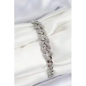 Pirinç Zirkon Taşlı Küba Zincir Model Gümüş Renk Kadın Bileklik