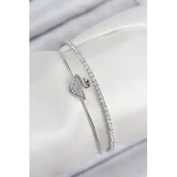 Pirinç Zirkon Taşlı Kuğu Model Gümüş Renk Kadın Bileklik