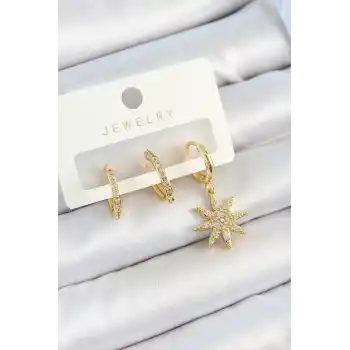 Pirinç Zirkon Taşlı Kutup Yıldızı Model Gold Renk 3lü Çift Kadın Küpe Set