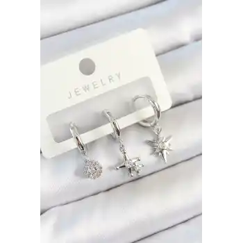 Pirinç Zirkon Taşlı Kutup Yıldızı Model Gümüş Renk 3lü Çift Kadın Küpe Set