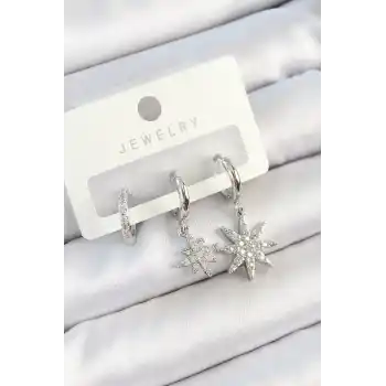 Pirinç Zirkon Taşlı Kutup Yıldızı Model Gümüş Renk 3lü Çift Kadın Küpe Set
