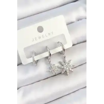 Pirinç Zirkon Taşlı Kutup Yıldızı Model Gümüş Renk 3lü Çift Kadın Küpe Set