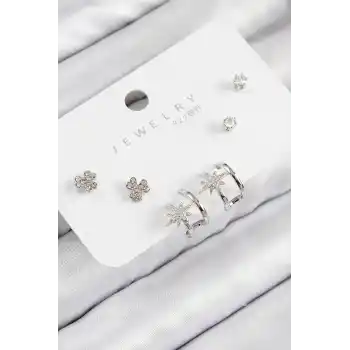 Pirinç Zirkon Taşlı Kutup Yıldızı Model Gümüş Renk 925 Ayar Gümüş Çivi Kadın Küpe Set