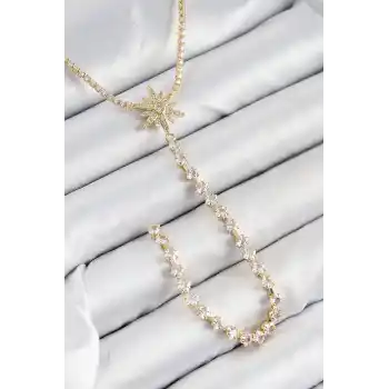 Pirinç Zirkon Taşlı Kutup Yıldızı Model Gümüş Renk Y Kolye