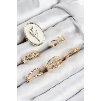 Pirinç Zirkon Taşlı Lale Model Gold Renk Kadın Yüzük Kombin Set