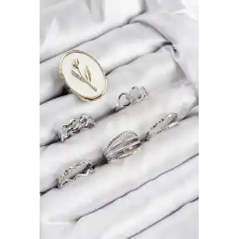Pirinç Zirkon Taşlı Lale Model Gümüş Renk Kadın Yüzük Kombin Set