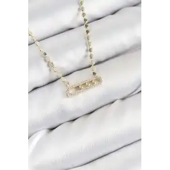 Pirinç Zirkon Taşlı Messika Model Ezme Zincir Gold Renk Kadın Kolye