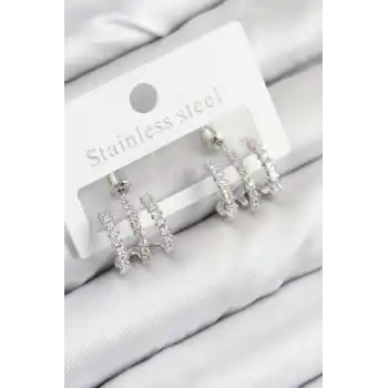 Pirinç Zirkon Taşlı Model Gümüş Renk Kadın Küpe