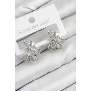 Pirinç Zirkon Taşlı Model Gümüş Renk Kadın Küpe