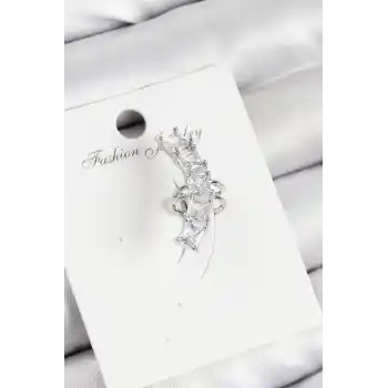 Pirinç Zirkon Taşlı Model Gümüş Renk Sağ Kıkırdak Küpe