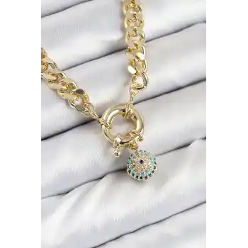 Pirinç Zirkon Taşlı Nazar Boncuk Detaylı Klasik Zincir Model Gold Renk Kadın Kolye